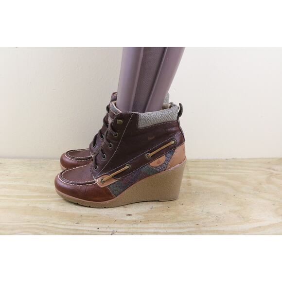 Sperry Top Sider 8M Brown Leather BAILEY Wedge Ankle Boots Shoes - Picture 1 of 8